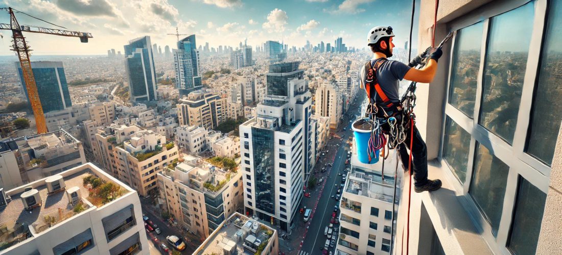 worker performing high-rise window cleaning